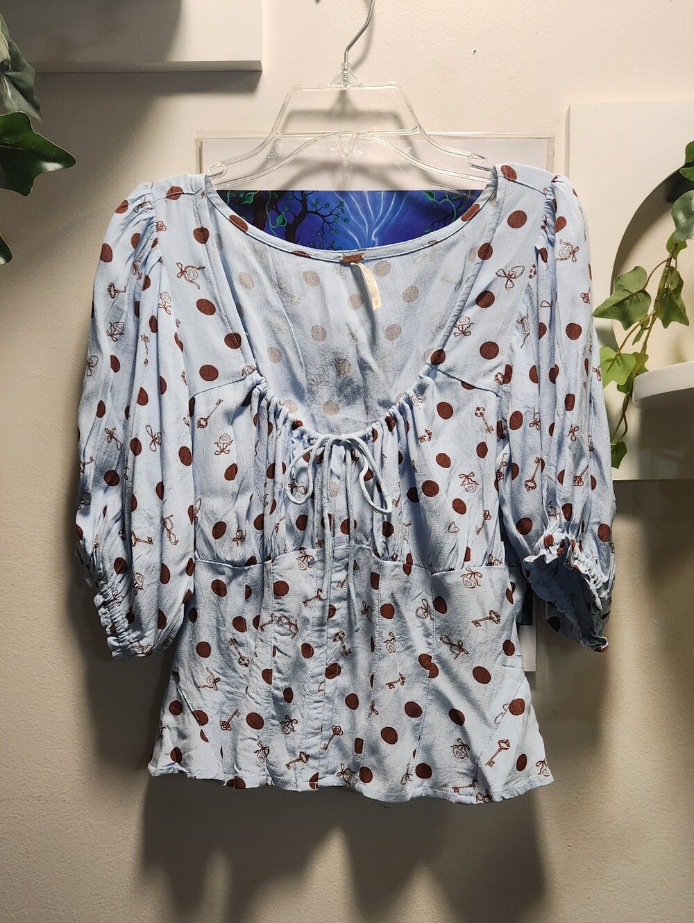 Free People Light Blue Polka Dot Tie-Front Corset Peasant Blouse